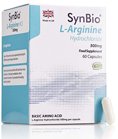 SynBio L-Arginine Hydrochloride 500mg | 60 Capsules | Vegan | Nut Free | SOYA Free | Dairy Free | Yeast Free | Sugar Free | Gelatin Free | Made in The UK