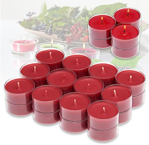 Candelo 24er Set Duft Kerzen - Duftteelichter Waldbeere - Teelicht in Kunststoff Hülle je 1,7 x 3,8cm - 4 Std Brenndauer - Teelichter in Rot