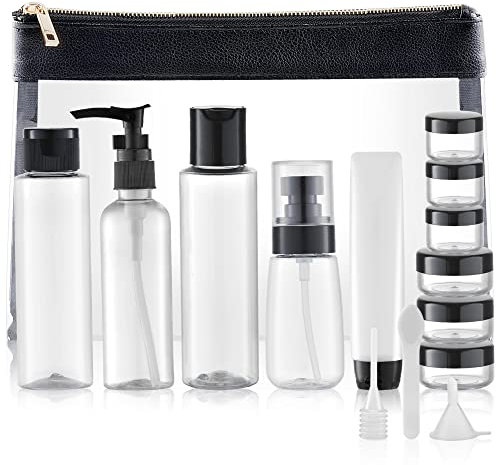 Toureal 15 Stück Leere Reiseflaschen Set (Max.100ml) Leder Reisegrößen Behälter, Reise Flaschen für Kosmetik Flugzeug (Transparent)
