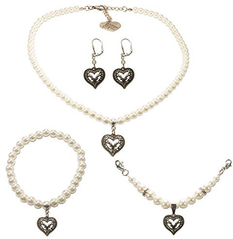 Alpenflüstern Trachtenschmuck-Set Perlen-Trachtenkette, Trachten-Armband, Charivari und Trachten-Ohrhänger Strassherz-Hirsch - Damen-Trachten-Schmuck, Trachtenset Creme-weiß SET047
