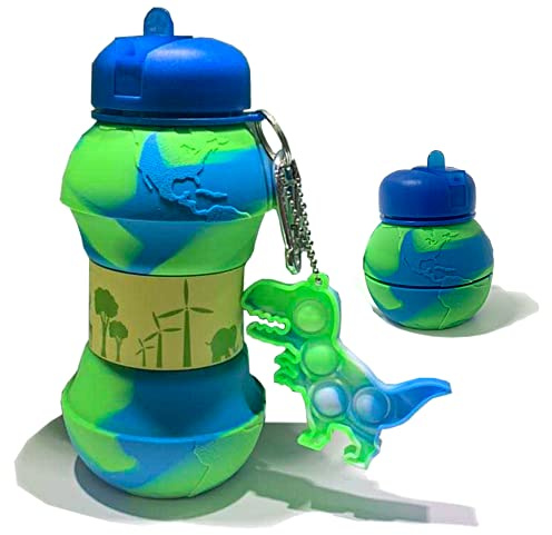 CARESWAY Kids Water Bottle with Keyring – 500 ml Girls and Boys Drinking Bottle For School - Leakproof Collapsible Reusable BPA Free for Children Drinks – Earth Globe