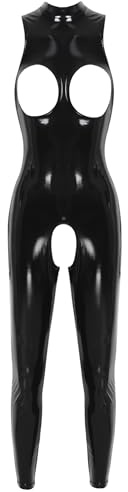 iiniim Wetlook body jumpsuit läderlook bröstlös jumpsuit metallisk helkroppsdräkt ouvert byxor leggings GOGO klubbkläder, Aa svart, S