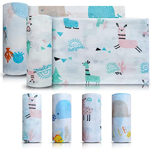 Babytücher aus Stoff aus 100% Baumwolle mit Tier-Motiven bunt 6 Stück, als Waschlappen, Spucktuch, Musselintuch, Mullwindel/Stoffwindel, Pucktuch/Puckdecke, Set mit 2 St. 60x80 cm + 4 St. 20x25 cm