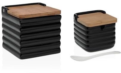 KCASA Salero y azucarero Cocina Ceramica con Tapa Madera para Cocina Factory (Negro)