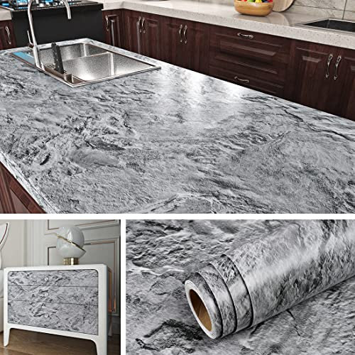 Livelynine Marble Vinyl Wrap for Kitchen Worktop Grey Marble Sticky Back Plastic Roll for Kitchen Waterproof Counter Top Vinyl Covering Contact Paper Self Adhesive Table Cupboards 40CMx2M