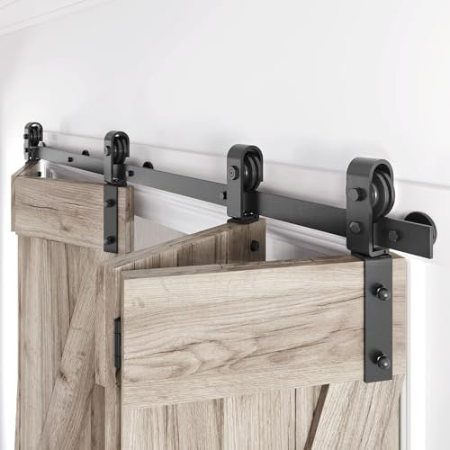 Roymelo 70 Bifold Sliding Barn Door Hardware Track Kit,Side Mounted Black J Shape Roller,Smoothly and Quietly,Assembly Easy,Fit Four 16.5 Bi-Folding Doors (Door Not Included)