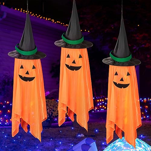 3 Pack Kürbis Geist Hexe Halloween-Dekorationen, süße Halloween-Hänge-Dekorationen für drinnen und draußen, geeignet für Party, Garten, Tür, Fenster, Baum, Veranda, Zuhause, Rasen, Wand
