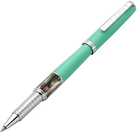 Xezo Speed Master Fein Rollerball Stift. Matt Aqua Grün mit Tahitianischer Schwarzer Perlmutter. Verchromt. Leichter Messingkörper. Keiner gleicht dem Anderen