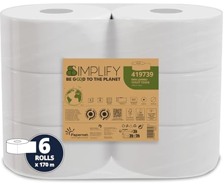 Papernet Simplify Toilettenpapier Carbon Neutral Mini Jumbo 419739, 1 Packung mit 6 Rollen aus reinem Zellstoff, je 170 m, 2-lagig, 8,6 x 30,5 cm