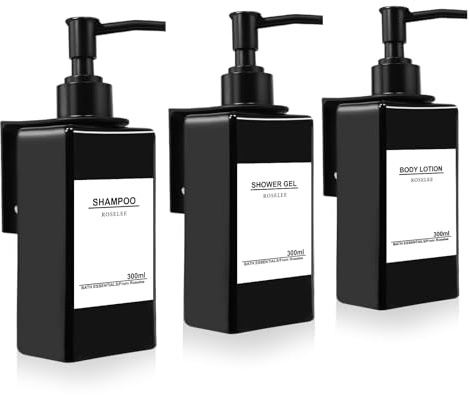 Roselee 3 Pezzi Dispenser Sapone Doccia da Muro, Dispenser Sapone Bagno Senza Foratura, 300ml Dispenser Doccia Shampoo e Bagnoschiuma con Etichetta per Bagno, Cucina