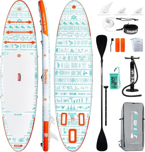 FunWater 350 & 320 cm Stand Up Paddling Board Inflatable SUP Paddle Board Aufblasbar mit Sitz, Paddel, Pumpe, Tragegurt, Deckbag, Für Alle Könnensstufen (320CM Weiss PUR - WANDMALEREI & ORANGE)