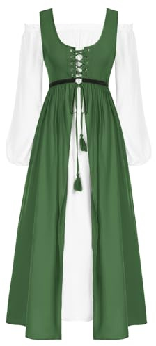 Damen Mittelalterliche Corsagenkleid A-Linie Schulterfrei mit Taschen Country Überkleid Grün M