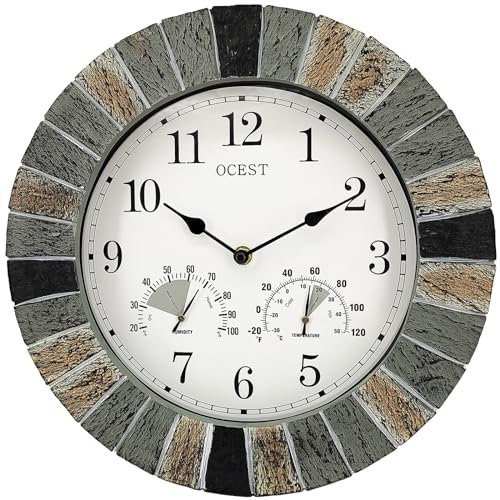 OCEST Horloge murale d'extérieur robuste de 33 cm étanche avec thermomètre et hygromètre, silencieuse, sans tic-tac, horloge ronde à quartz pour terrasse, piscine, lanai, clôture, porche, jardin