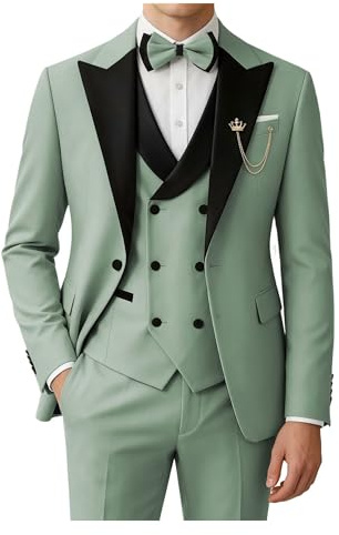 SPTALLFITJSV Traje de Esmoquin de 3 Piezas para Hombre, Ajustado, para Boda, graduación, Cena, Esmoquin para Hombre, Traje de Doble Botonadura con Pajarita, Verde Salvia, Large