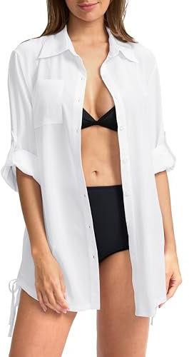 Women's UPF 50+ Long Sleeve UV Sun Protection Shirts Fishing Hiking Button Down Dress Shirt Swim Cover Up for Women(White, M)