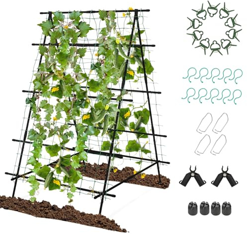 GOPLUS Gurkor, spaljé, justerbar trädgårdsspalier med A-ram, spaljé med nät och klämma, gurkspade rutnät, växtstöd för klätterväxter, blommor, 103 x 109 x 149 cm