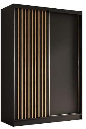 Margaret Hadas24 Kleiderschrank Erika mit Lamellen ohne Spiegel, Organizer, Mehrzweckschrank, Schwebetürenschrank, Garderobenschrank, Kleiderstange, Kleiderständer, Flurschrank, 150 cm, schwarz, braun