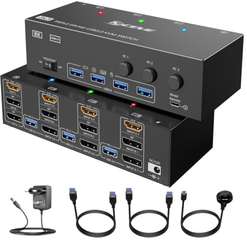 KVM Switch 3 Monitore 3 PC, Displayport HDMI USB 3.0 KVM-Umschalter Dreifachanzeige, unterstützt 4K@60 Hz für 3 Computer