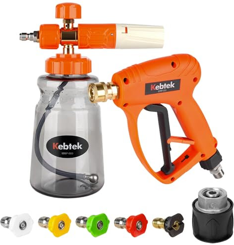 Kebtek Stubby Pressure Washer Gun 5200PSI with Adapter Compatible with Karcher K2-K7 & Snow Foam Bottle 1L, 5 Nozzle Tips 1/4 Quick Connect Car Cleaning Kit (MRP-003-B)