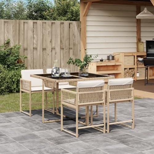 Keyroto Rattan Sitzgruppe für 4 Personen, Gartenmöbel Polyrattan, Gartentisch mit 4 Stühlen & Kissen, Gartengarnitur Sitzgarnitur, Essgruppe Outdoor Terrasse Beige Type-30