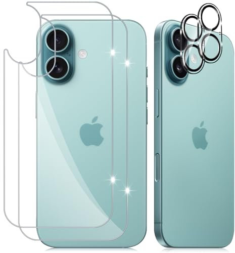 PaceBid Back Screen Protector Compatible with iPhone 16 5G, [2+2 Pack] Tempered Glass Film + Camera Protection, Anti-Scratch 9H Hardness HD Back Protection Protective Film for iPhone 16 5G