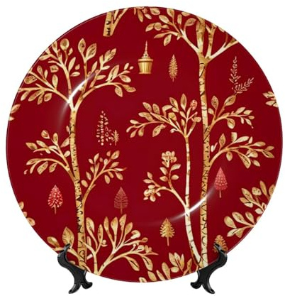 Assiette décorative en céramique avec fond rouge imprimé arbre doré, assiettes décoratives en porcelaine anglaise (porcelaine) avec support vertical pour maison, bureau, étagère, décoration murale,