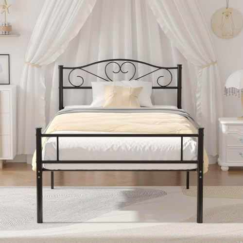 VECELO - Marco de Cama de 90 x 190 cm, Cama Individual de Metal, sin Necesidad de somier, Montaje Simple, Gran Espacio en Lamas, Color Negro