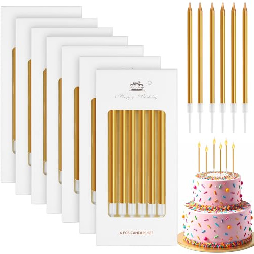 Annickee 42 Stück Geburtstagskerzen, 5.5in Kerzen Geburtstag (Golden) | Lange Dünne Tortenkerzen für Dekorative mit Haltern Für Geburtstagskerzen Kinder, Birthday Candles für Hochzeitsparty