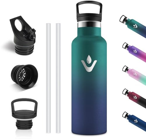 Vikastar Borraccia Termica, 0.5L senza BPA, Thermos per Bevande Calde, Acciaio Inox, Borraccia Bambini, a Prova di Perdite, Borraccia per Scuola, Palestra, Sport, Verde & Blu