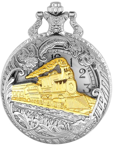 Tiong Vintage Sliver Locomotive Pocket Watch for Men Arabic Numerals Dial Hollow Train Design Men's Pocket Watches with Chain