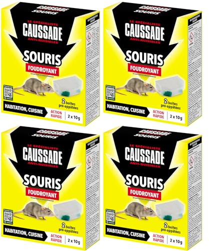 CAUSSADE 8 Boîtes Anti-Souris Pré-Appâtées Foudroyant - 80g | Prêt à Poser - Lieux Secs & Humides - Une Ingestion Suffit - Fabriqué en France - CASABOIT2X4