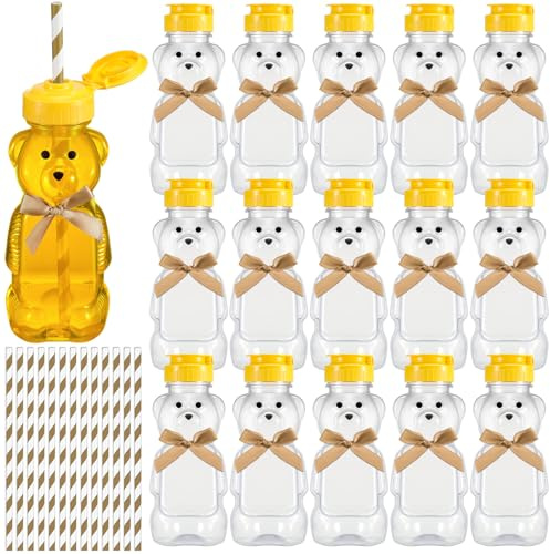 Honeydak 16 Pack Bear 8 oz Honey Straw Cup Honey Drinking Bottles, Brown | Honey Bottles Empty Plastic Squeeze Bottles with Flip Top Lid Bow Jar Containers for Baby Shower Birthday Party Decoration