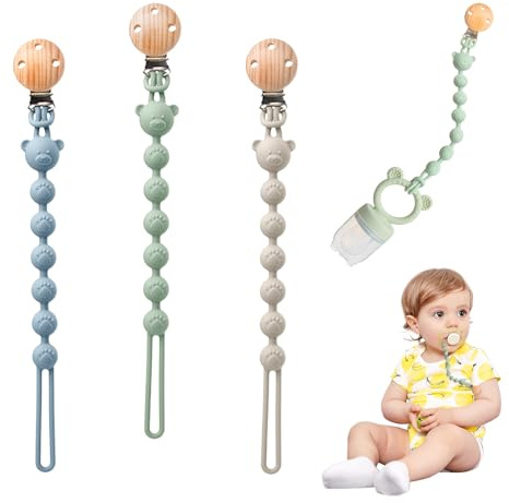 3 cadenas para chupete de silicona, 2 en 1, soporte para chupete y juguete mordedor en una sola pieza, clip para chupete, fácil de limpiar, diseño de cadenas para chupete para niñas y niños