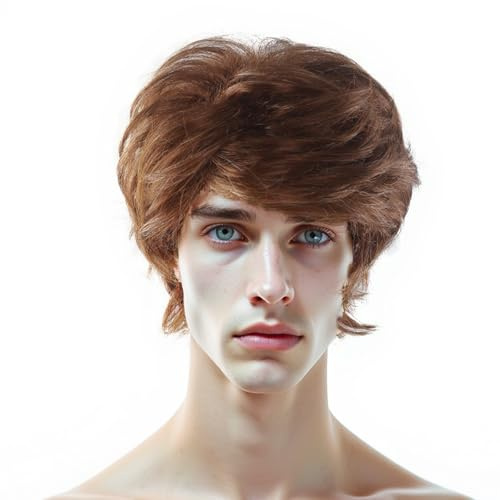 Herren Perücke Braun,Männer Kurze Lockige Perücke, Herren Boyband Perücke,Perücke Kurze Herrenperücke,70er 80er Disco Täglich Cosplay Kostüm Halloween Perücke(Braun)