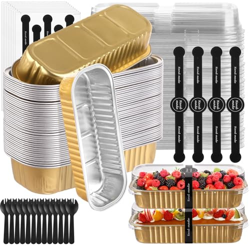 SHUESS 225 PCS/75 Sets Mini Loaf Cake Cases - Mini Loaf Tins with Lids and Spoons - 200ML Reusable Aluminum Mini Cake Tins - Rectangle Baking Tin with Stickers for Cakes Bread Baking (Gold)