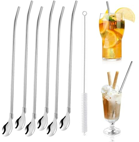 6 Stück Edelstahl Trinkhalme löffel, Wiederverwendbare für Smoothies, Milchshakes, Cocktail, Kaffee, mit 2 Stück Strohhalm Reinigungsbürste