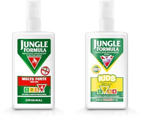 JUNGLE FORMULA Molto Forte Spray Antizanzare per Insetti Con Azione Duratura fino a 9 ore di protezione,75 ml + Kids Spray Insetto repellente Antizanzare con DEET al 9,5%, 75ml