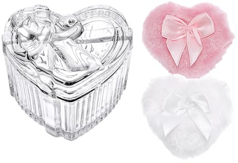 TOLIDA Puderdose Set aus Glas,Körperpuderbehälter im Herzform,Leer Babypuder Dose mit Puderquaste,Puderetui für Körperpuder,Talkumpuder,Kosmetikpuder zu Reise Geburtstag als Geschenk Klar(Kein Pulver)