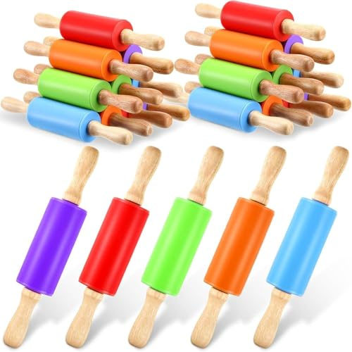 20 Pack Mini Silicone Rolling Pins, 23 cm Non-Stick Dough Roller, 5 Colours | Wooden Handle Baking Rollers for Pizza Dough, Pastry, Biscuits, Fondant, Dumplings, Kitchen Crafts and Workshops
