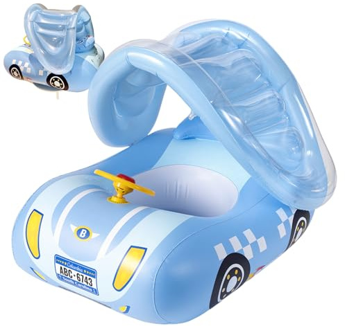 Inflatable Car Shape Baby Float with Canopy, Seat & Steering Wheel for Toddlers 1-6 Years