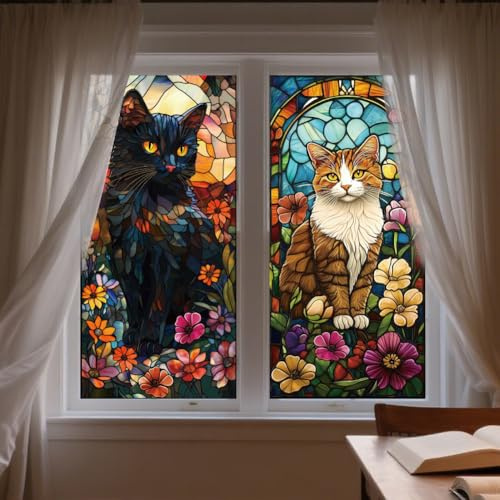 ANATTASOUL Schwarze Katze & Orange Katze Fensterbilder for Frühling Sommer | Doppelseitig Blickdichter Badezimmer Fensterbilder Kinderzimmer Wiederverwendbare Fensterbilder Frühling for Winter Herbst