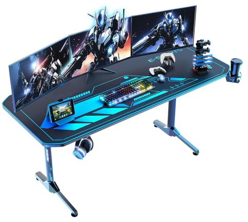 Himimi Scrivania Gaming 160x75 cm Scrivania Gamer Ergonomica con Tappetino per Mouse Integrato, Rivestimento in Fibra di Carbonio, Portabicchieri, Gancio per Cuffie, Telaio a T Robusto