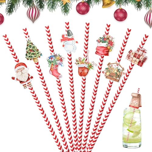 Satiskid 24 Stück Weihnachts Papier Strohhalm, Trinkhalme für Weihnachts und Neujahrs Partys, mit niedlichen Cartoon Mustern von Santa Claus, Weihnachtsbaum, Schneemann, Pinguin und Lebkuchenmann