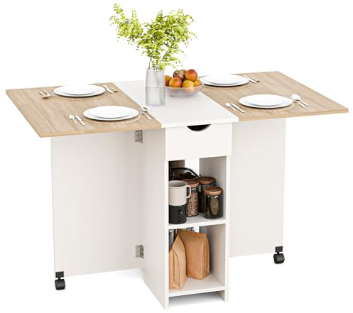 Mondeer 120cm Esstisch Klappbar,Küchentisch mit Rollen für 2-4 Personen | Platzsparender Klappbarer Klapptisch mit Schublade und Ablagen für kleine Räume,Esszimmer,Küche,Eiche und Weiß