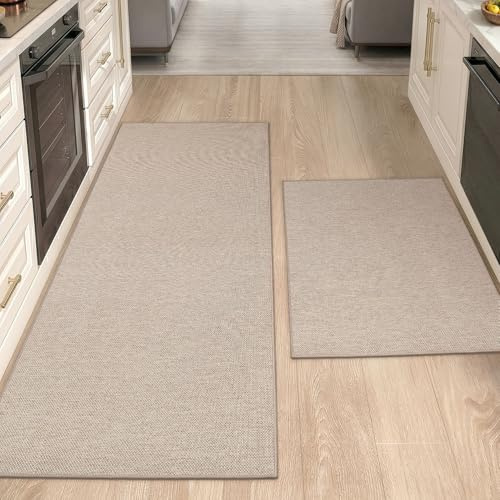 COLOR&GEOMETRY Kitchen Rugs Non Slip Washable 61x92cm+61x183cm, 4mm Thin Woven Rubber Backed Kitchen Set of 2, Absorbent Easy to Clean Floor Mats for in Front of Sink, Laundry Room, Hallway, Khaki