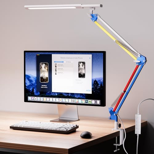 VERSKI Schreibtischlampe für das Heimbüro, Schreibtischlampe Klemmbar, Architektenleuchte mit QC3.0 Adapter, Fresnel Linse, Tischlampe, 5 Farbmodi und Helligkeit, Klemmlampe mit Speicherfunktion