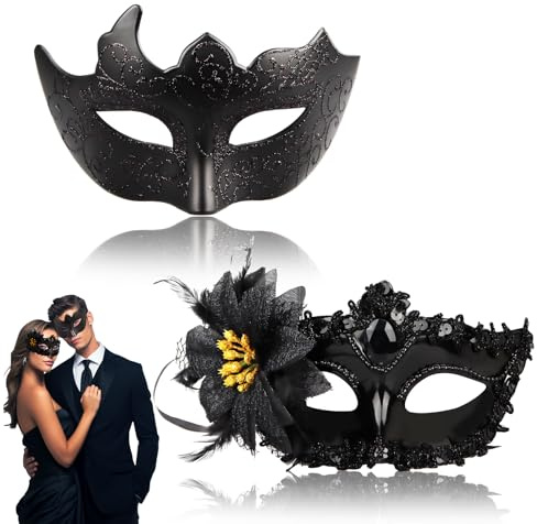 Silenstar 2 Stück Venezianische Masken, Maskenball Maske Damen Herren, Schwarze Masken Kostüm für Venezianisch, Karneval Fasching Cosplay Party