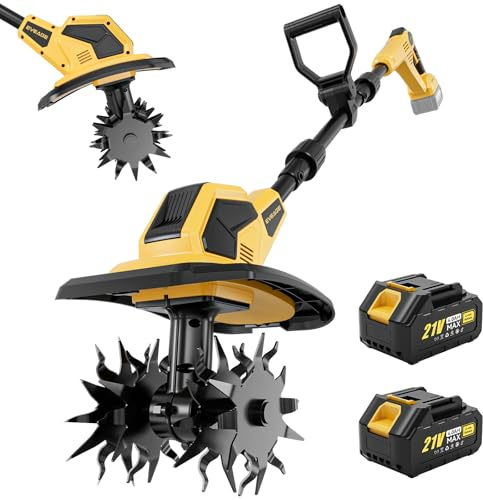 21V Cordless Tiller Cultivator, 2x4.0Ah Battery Powered Electric Garden Tiller, 360RPM Rototiller with 48 Steel Tines, 9.7 Width & 7 Depth, Lightweight Soil Tiller for Gardening
