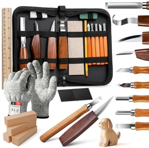 Anhow Ciseaux à Bois, 23 in 1 Outils de Sculpture bois avec 4 Couteaux à Sculpter, 5 Couteaux à Détailler, Pierre à Aiguiser etc. Pour Adultes, Débutants