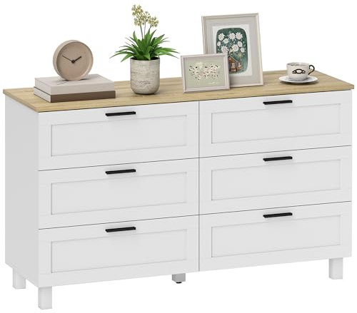 HOMCOM Cómoda 6 Cajones, Cómoda Dormitorio con Patas de Madera, Cajonera para Salón, Oficina, Estilo Moderno, 120x38x71 cm, Blanco